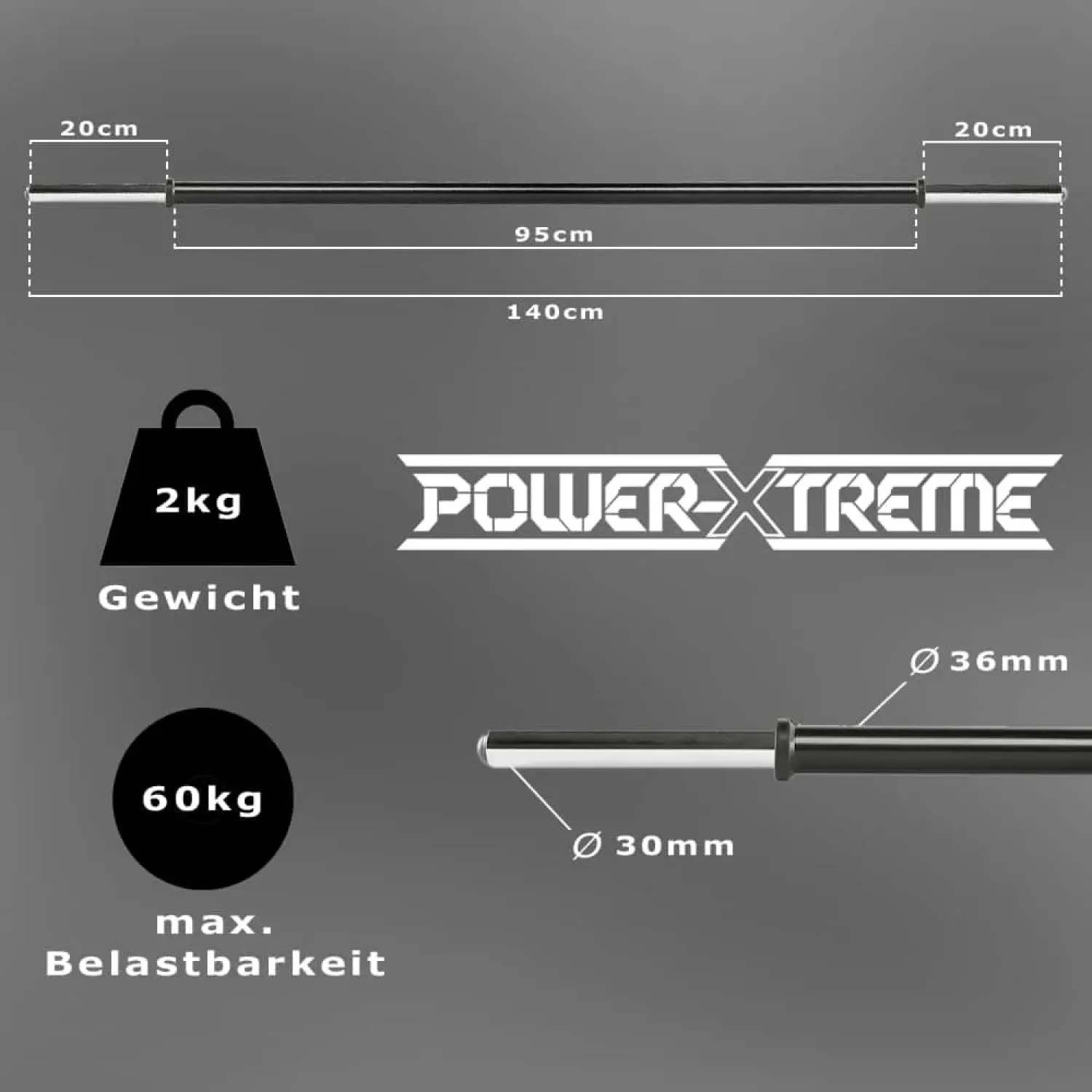 Langhantelstange 140 cm gummiert: Maße 140 cm, Innenmaß 95 cm, Aufnahme 20 cm
